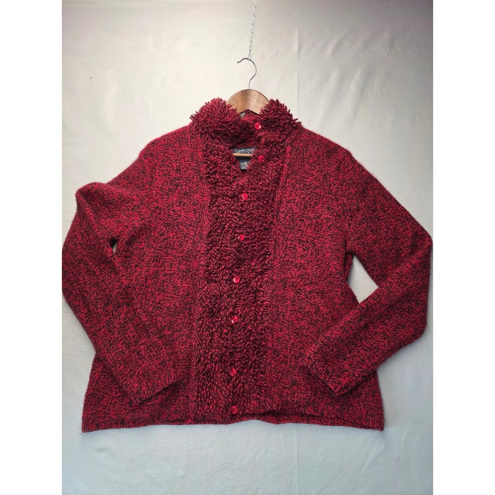 Country Shop Red Black Lambswool Rabbit Hair Knit Cardigan Sweater XL